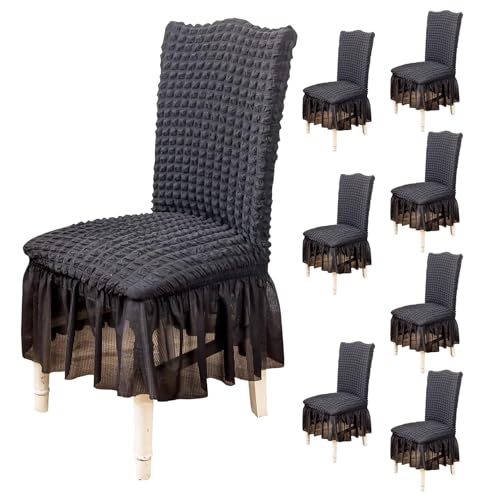 Image of House of Quirk Turkish Bubble Frill Chair Cover Stretch Removable Washable Short Dining Chair Cover Protector Seat Slipcover (Grey, Pack of 8)