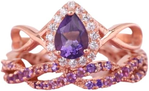 Vintage Amethyst Engagement Ring Set Crossover Diamond Promise Jewelry February Birthstone Rose Gold Plated Eternity Band 2Pcs Bridal Ring Set BY CHIRAG GEMS JEWEL