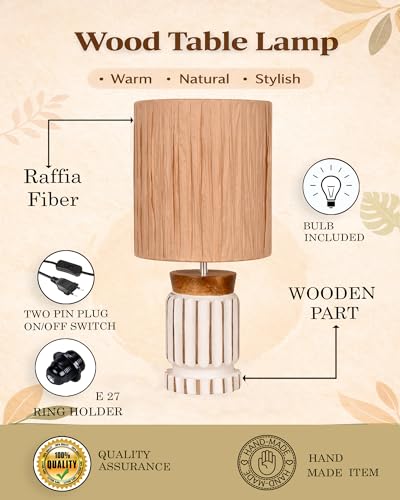 Image of Homesake Wooden Table Lamp | Handcrafted Bedside & Living Room Lamp | E27 Holder with Bulb Included | Warm Light | Desk Nightstand Light, Decor Lamp for Bedroom, Study & Home Decor, White
