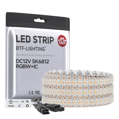 Image of BTF-LIGHTING SK6812(Similar WS2812B) UL Listed RGBW RGB+Warm White(3000K) Individually Addressable DC12V 3.28FT 144LED /m 4 Colors in 1 Light Dream LED Strip IP65 White PCB(No Adapter or Controller)
