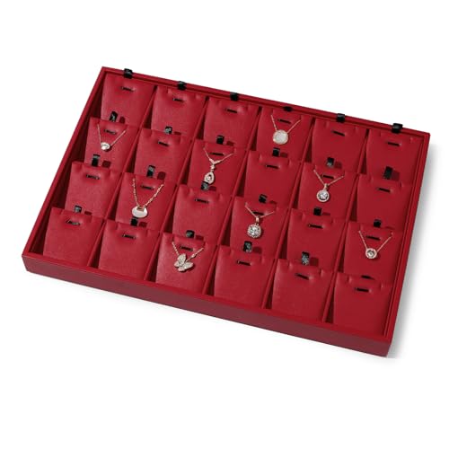 Red Leather Jewelry Tray Necklace Display Tray Jewelry Drawer Organizer Necklace Bracelet Holder Organizer Tray Stackable Jewelry Trays for Necklace Bracelet Pendant (Red