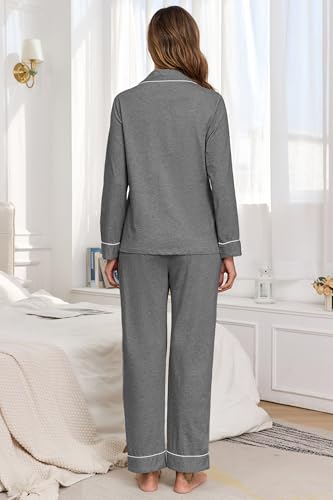 Image of Veseacky 100% Cotton Women's Pajama Set Long Sleeve Button Down Sleepwear Soft Pjs Lounge Sets Nightwear Pjs XS-XXL