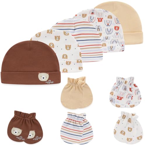 Image of MAMIMAKA Baby Hat and Mittens Set Newborn Baby Hats Caps for Baby Boys Girls 0-6 Months 100% Cotton