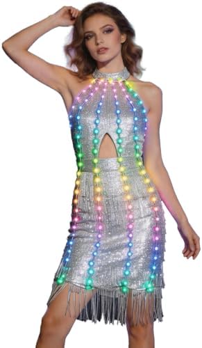 Earthradius Light Up Fringe Sequin Halter Dress, Cutout Bodycon Glow Party Dress for Women Club Night Out Rave Festival image 5