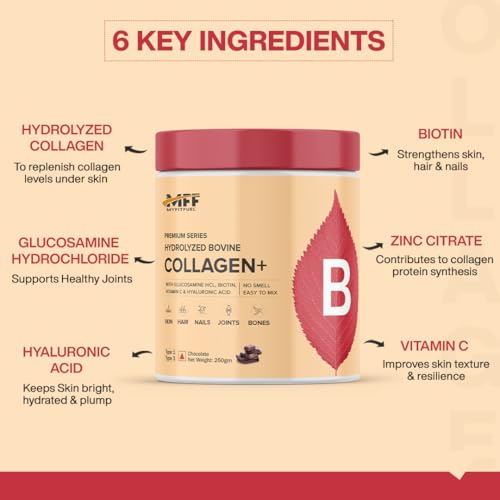 Image of MyFitFuel Hydrolyzed Bovine Collagen (500gm, Orange) with Biotin, Hyaluronic Acid, Zinc, Vitamin C & Glucosamine | For Skin, Hair, Nails & Joints