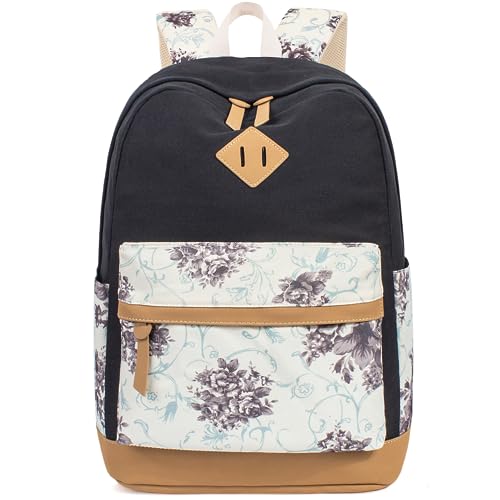 Image of Leaper School Cute Backpack for Girls: Canvas Kawaii Bookbags for Girl 10-12 Years Old - Laptop Travel Backpacks for Teens Floral Black