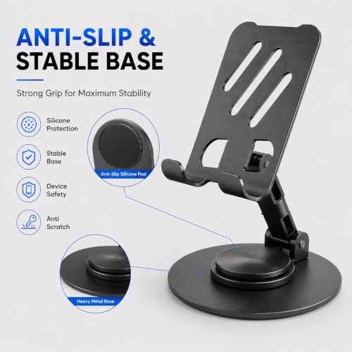 Image of 360 Rotatable Metal Mobile Stand for Desk | Foldable Adjustable Phone Holder with Anti-Slip Heavy Base | Universal Smartphone Stand Compatible with All Smartphones (Matte Black)