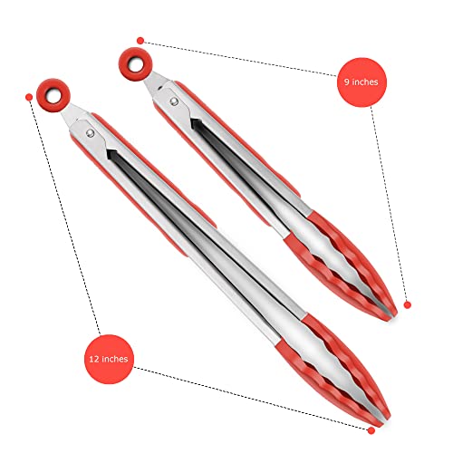 Set Of 2 Kitchen Tongs 9-Inch & 12-Inch, Premium Stainless Steel Bpa Free Silicone Non-Stick Grilling Barbeque Cooking Locking Food Tongs, Red #TOP3