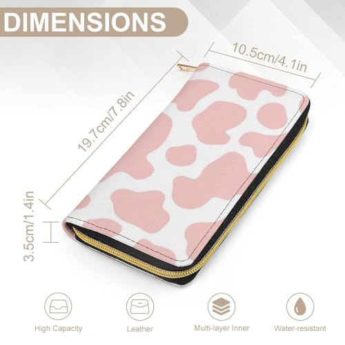 Women's Travel Zipper Purse Fashion Design, Huge Storage Capacity Purse, Cute Decor Wallet, Long PU Wallet Cute Strawberry Pink Cow Print2