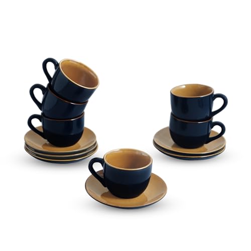 Image of ExclusiveLane 'Mariana Blues' Hand Glazed Ceramic Tea Cups Set of 6 with Saucer Ceramic Coffee Cups Chai Tea Cup (180 ML, Microwave Safe, Dishwasher Safe)