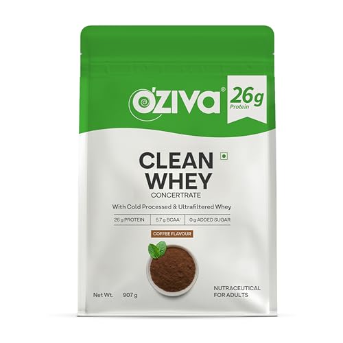 Image of OZiva Clean Whey Coffee Protein Powder, 2 lbs (907g) | 26g Protein per scoop | 100% Cold-Processed, Microfiltered for Better Absorption | Supports Muscle Recovery
