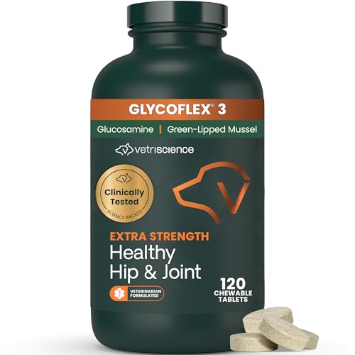 VetriScience Extra Strength Healthy Hip & Joint Chewable Tablets, GlycoFlex Glucosamine and Green-Lipped Mussel Joint Support Supplement for Dogs, Soothe Joint Discomfort, Chicken, 120 Count