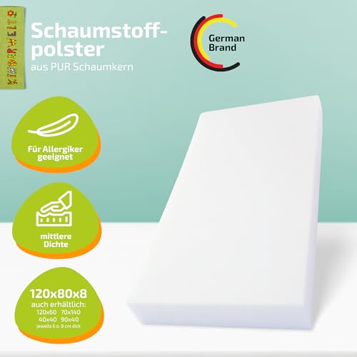 KiNDERWELT Schaumstoff Polster 120x80x8 cm, Europaletten Maß, Schaumstoffplatte 8 cm, Polster aus Schaumstoff, Schaum Matratze für DIY Polsterung Möbel, Matratzenauflage, Camping, Basteln