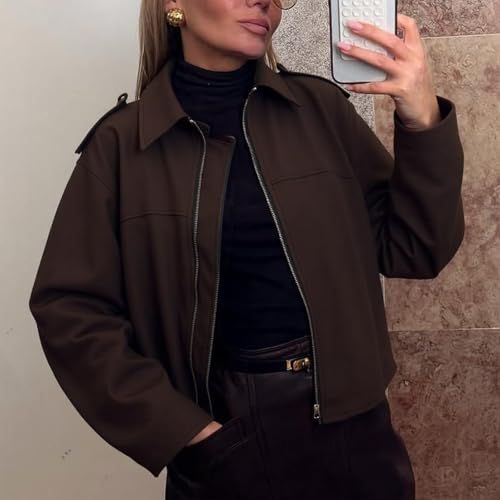 Women's Faux Suede Bomber Jacket, Oversized Cropped Zip Up Lapel Pilot Coat for Spring Fall4