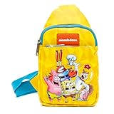 Nickelodeon - Bolso bandolera de cuero vegano con correas ajustables, pantalones cuadrados de Bob Esponja y apliques de pose de amigos, amarillo, Amarillo, 11.0' x 6.5'