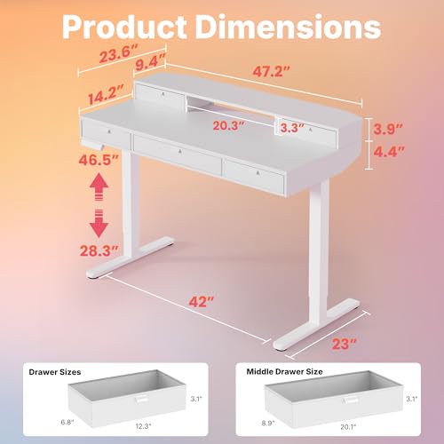 Image of HUANUO 48 x 24 Inch Electric Standing Desk with 4 Drawers, White | 4 Drawers For Organized Storage, Raised Monitor Shelf, C-Clamp Mount Support, 4 Memory Presets, 28.3-46.5 Inch Height Range