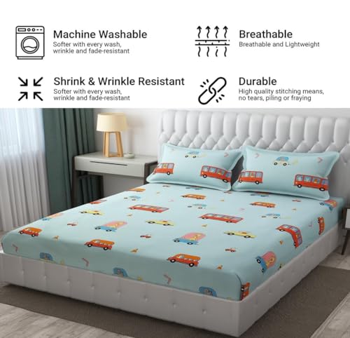Image of RD FABS Glace Cotton Wrinkle Free Soft Hypoallergenic Bed Sheet with 2 Pillow Cover | Cartoon Printed | Double Bed King Size Kids Bedsheet (90x95 Inches /Aqua /Bus) 144 TC
