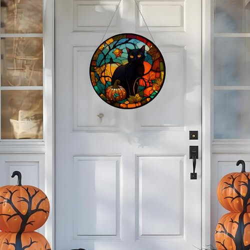 Halloween Decor, Black Cat Halloween Wreath Acrylic Window Hanging...