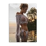 LQNMPPH ホットモデル 金髪 セクシー ビキニ 女の子 大きなおっぱいで プールサイン メタル ブリキ看板 ポスター ホーム カフェ バー パブ 男性 洞窟 壁の装飾 飾り板 12x8インチ