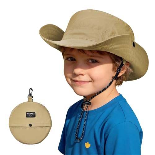 Zando Packable Foldable Kids Sun Hat UPF 50+ Girls Boys Beach Bucket Hat Sun Protection Youth Summer Cap Adjustable Detachable Child Wide Brim Windproof Camping Swim Fishing Safari Khaki 4-8 Years