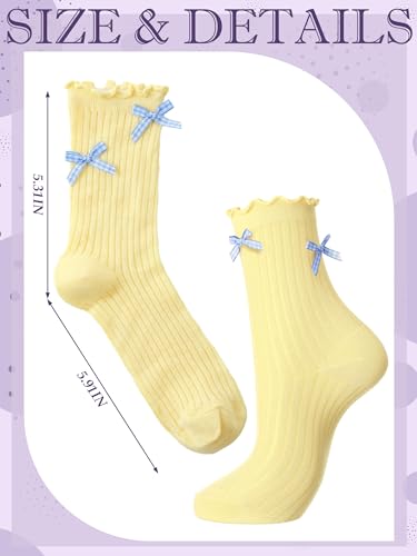 Image of Fourluoo 6 Pairs Women Ruffle Crew Socks with Bow Cute Retro Mid-calf Socks Breathable Cotton for Spring Summer Casual Daily