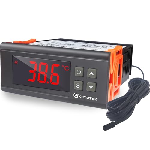 KETOTEK Temperaturregler 230V, Digitaler Thermostat mit Fühler, Temperaturschalter Heizung Kühlung für Gewächshaus Kühlschrank Aquarium