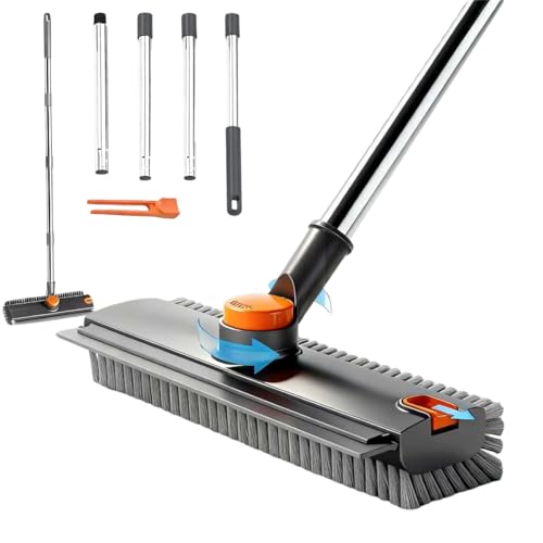 3 in 1 Floor Scrub Brush Floor Scrubber with Squeegee and Tweezer Push Broom with Long Handle Heavy-Duty Stiff 90 Bristle Broom for Patio Shower Garage Deck Tile Concrete & Wood Surface