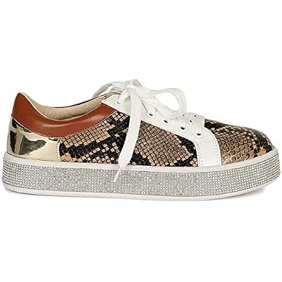 Trendy Fashion Women Mesh Color Panel with Rhinestone Round Toe Lace-Up Flatform Fashion Sneaker