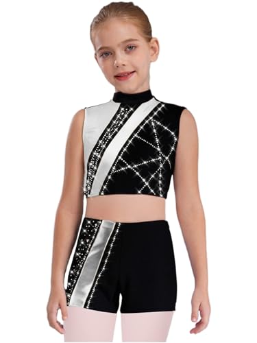 YEAHDOR Kids Girls 2 Piece Gymnastics Ballet Dance Outfits Rhinestones Metallic Crop Tops with Shorts Set Silver 16 Years