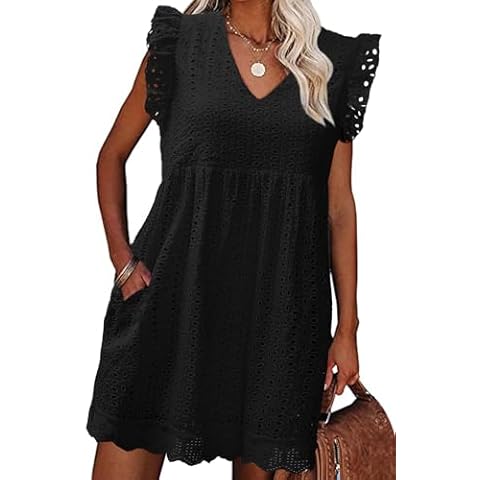 Uikue Women's Summer Dresses 2025 Beach Casual V Neck Loose Sundress Ruffle Sleeve Mini Dress with Pockets(Black,M) Cover