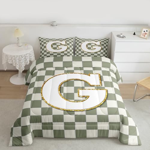 Image of Erosebridal Sage Green Checkered Comforter Set Queen Plaid Initial G Bedding Set Personalized Monogram Comforter for Kids Adults,Fashion Grids Gingham Quilt Duvet