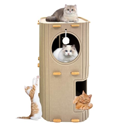 Homegroove 2-Storey große Katze Haus für Indoor Katzen, gemütliches Felz Katze Höhle Bett mit Tunnel Hideaway, Multi-Cat Condo für Ruhe & Spiel (Kamel, Groß)