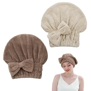 2 Pack Microfiber Hair Towel Cap, Soft Absorbent Hair Towel Wrap Women Drying Hair Cap Turban Towel with Bow-Knot Shower Cap for Curly, Long, Thick Hair Wet Hair (Coffee, Brown)
