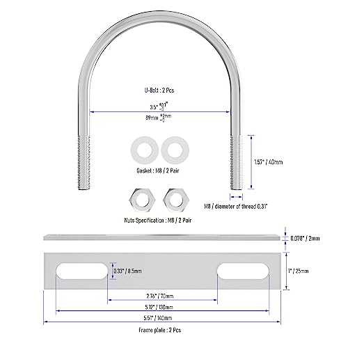 Image of 2 Sets 304 Stainless Steel Round Bend U-Bolts 3.5 inch(89mm) Inner Width 4.57 inch(116mm) Length M8 with Nuts, Frame Plate, Washers, Accessories for Boat Trailer Axle Sailboat Trailer