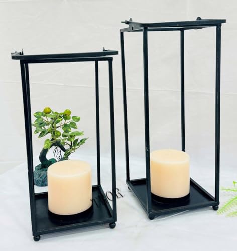 Modern Farmhouse Decor, Black Metal Hanging Candle Lanterns Decorative Indoor Set of 2, Rustic Candle Holder Decoration for Living Room/Home/Outdoor/Table/Fireplace/Mantle/Wedding/Porch