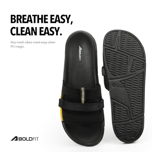 Image of Boldfit Sliders for Man,Breathable Mesh One Piece Build,Easy Clean PU Upper,Ultra-Light EVA Sole Slippers for Man,All Day Cushioned Footbed,Anti-Slip Outsole-Modern Two-Tone Design Everyday Wear