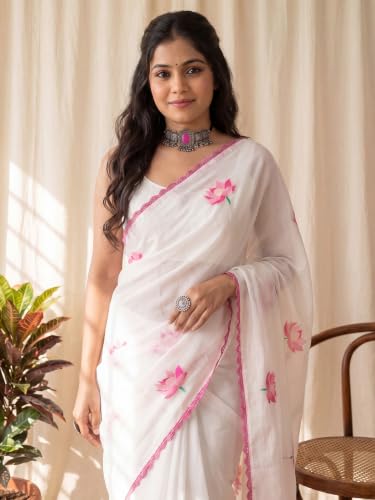 Image of AKHILAM Women's Shimmer Off White Chanderi Cotton Floral Hand Paint Embroidered Lace work Saree With Unstitched Blouse Piece | saree for woman | Designer Saree for Women | Soft and Skin Friendly