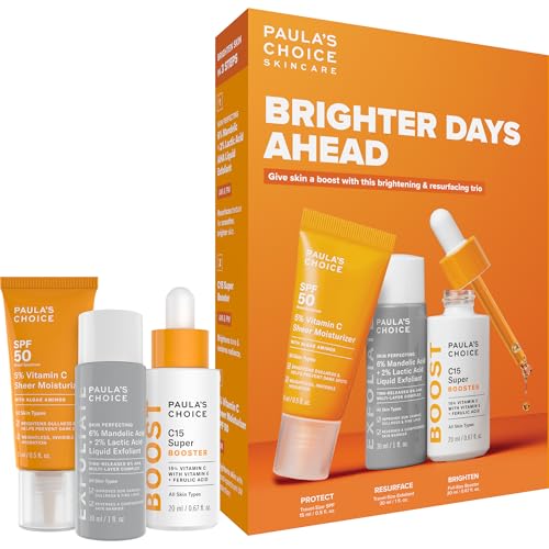 Paulas Choice Brighter Days Ahead Kit Vitamin C and AHA Trio Includes Travel Size C5 SPF Face Sunscreen Mandelic Acid Exfoliant C15 Vitamin C Booster Serum Brightening & Resurfacing 3-Piece Set