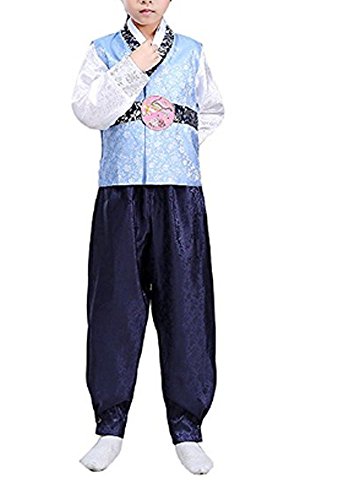 Crb Fashion Korean Outfit Boys Toddler Mens Dolbok Hanbok Top Pants Costume (Height 140Cm, Serene Blue) #TOP4