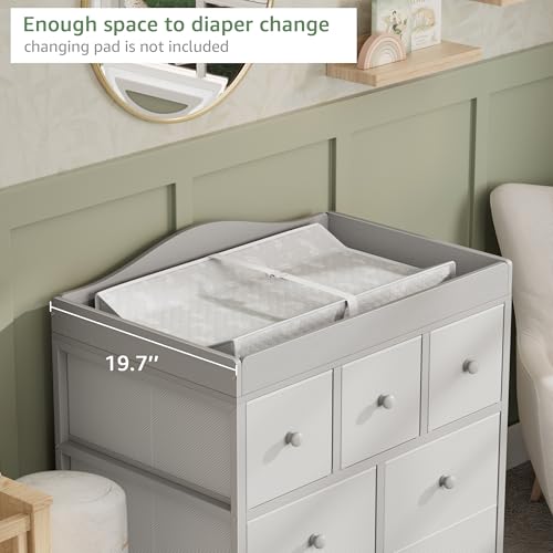 Image of BOLUO Changing Table Dresser with Storage, Baby Dresser with Changing Table Top Diaper Changing Station with 7 Fabric Drawers for Nursery Modern