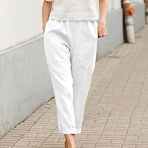 Image of LRMQS Cotton Linen Pants Women Casual Summer 2026 Trendy Loose Fit Beach Wide Straight Leg Trousers with Side Pockets