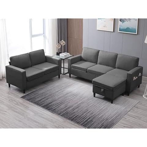 ijuicy 2PCS Sectional Sofa Set,3 Seat Couch & Loveseat Sofa with Side Pockets & Movable Storage Ottoman, Modern Convertible Upholstered Couches for Living Room,Office (3+2Seat/Dark Grey) Cover