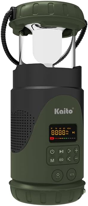 KL101 Emergency Camping Lantern & Flashlight, Hand Crank & Solar Powered, 5000mAh Rechargeable Battery, AM/FM/Weather Radio, Waterproof, SOS Alarm, USB Charging