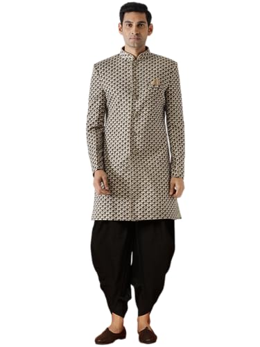 Image of KISAH Men's Indo-Western Sherwani, Peach Cotton Blend, Foil Print Regular Fit Mandarin Collar Long Sleeves