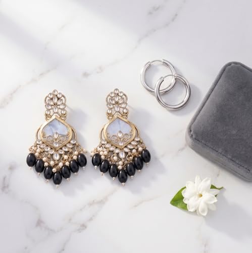 Image of Traditional 20K Gold Plated Kundan Chandbali Earrings with Black Beads and Faux Pearls for Women - Ethnic Wedding & Partyy Wear Statement Jewelry
