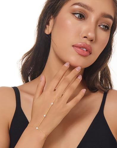 Gold Bracelets for Women 14K Gold Plated Hand Chain Bracelet Dainty Trendy Ring Chain Bracelet Charm Link Adjustable Cubic Zirconia Hand Bracelets Jewelry Gifts for Women3