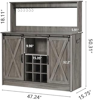 4ever2buy Farmhouse Coffee Bar Cabinet with Hutch and 6 Hooks, 47 Inch Wine Bar with Storage, Buffet Cabinet with Adjustable Shelves&9 Wine Racks, Kitchen Buffet Cabinet for Dining Living Room, Grey