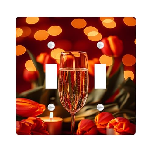 Romantic Celebration Light Switch Cover Plates/Outlet Covers, Elegant Red Tulips and Sparkling Champagne for Wall Decor, Thermoplastic Wall Plates, Standard Size Double Toggle