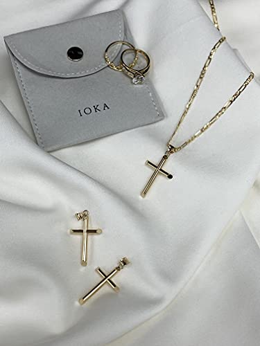 14K REAL Gold Polished Classic Cross Pendant with 1.9mm Solid Figaro 3+1 Chain Necklace For Women and Men - Various Sizes3