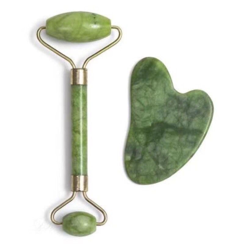 Kit Massagem Facial com Rolo de Jade e Placa Gua Sha – Anti-Rugas, Drenagem Facial,